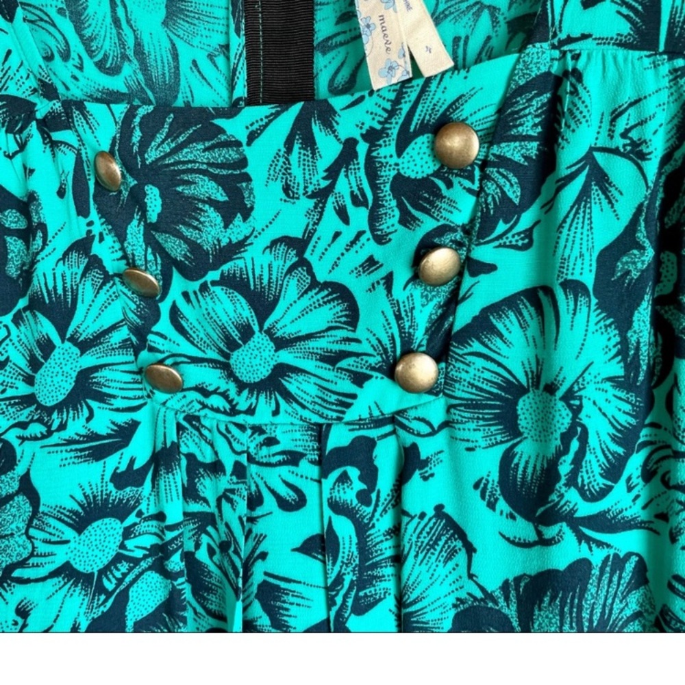 Anthropologie Maeve Teal Floral Shift Dress with Brass Button Detail - Size 4